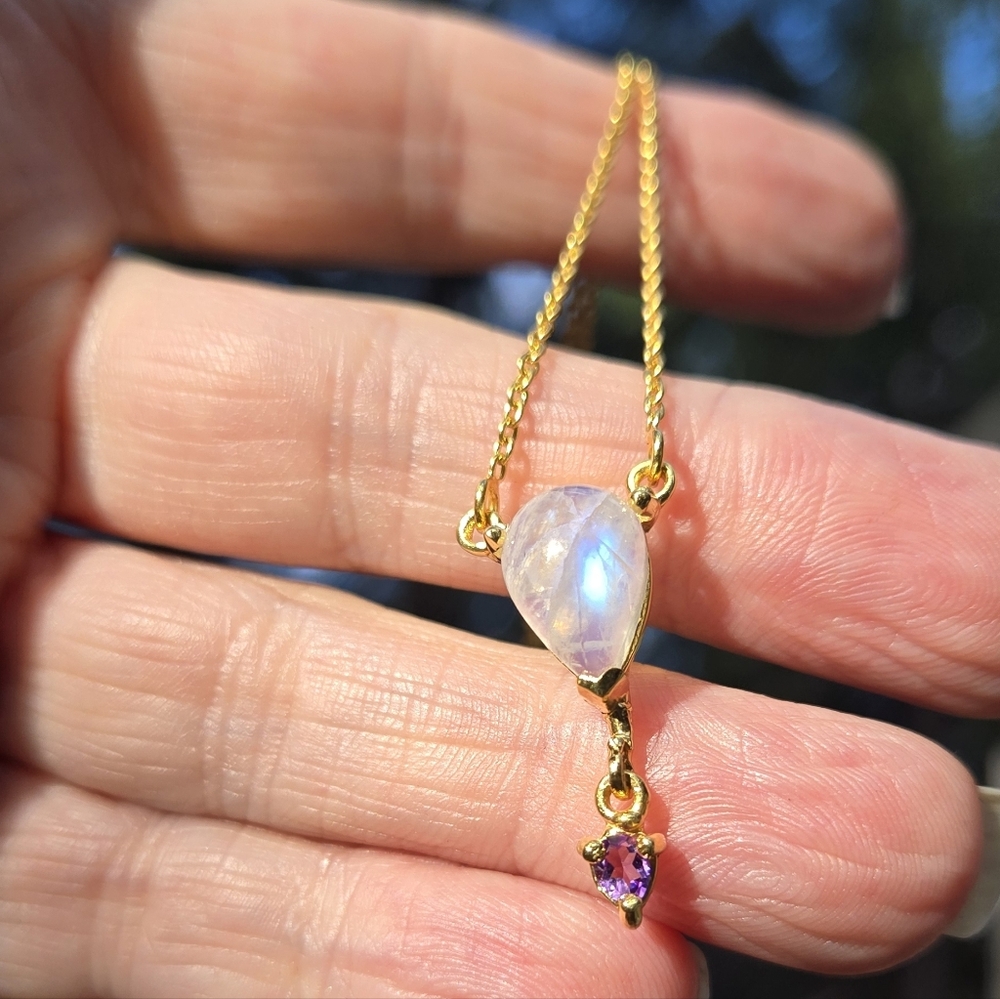 Moonstone & Amethyst Natural Gemstone Sterling & Gold 18" Necklace - Picture 12 of 13